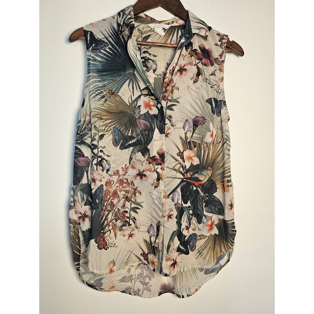 [Tropical Boho] H&M Sleeveless Button Down Women Size 6 Multicolor Bird Floral